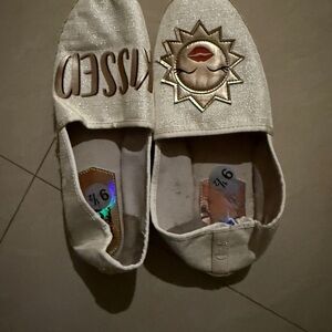 Beige Embroidered Slip-On Shoes